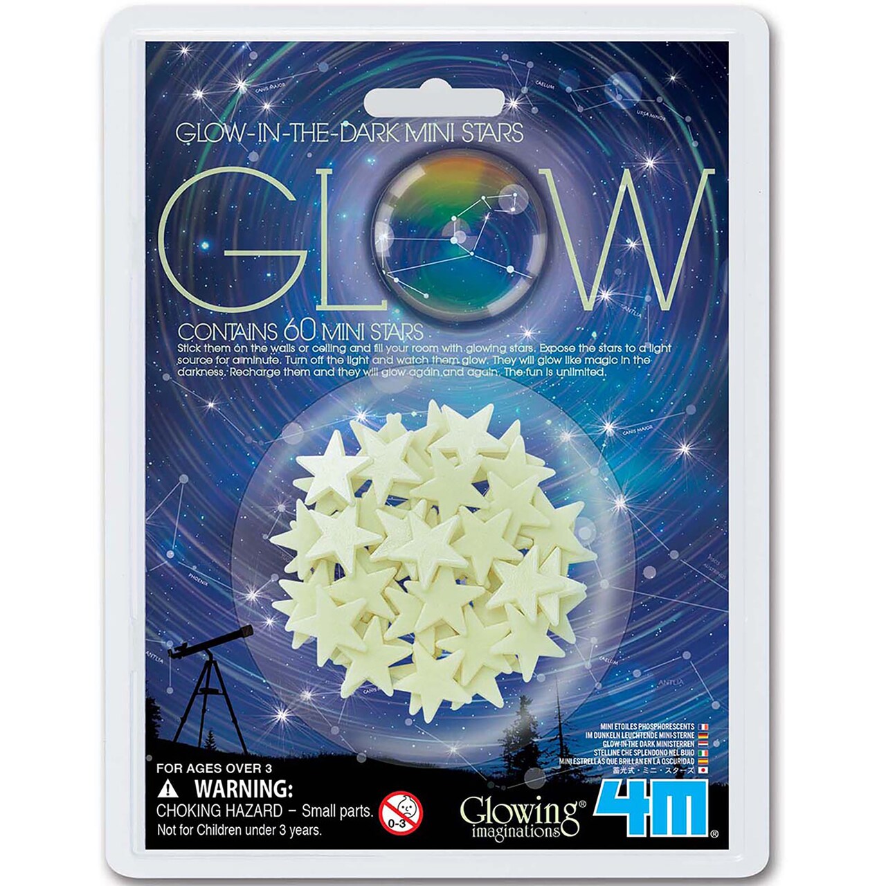 4M: Glow-In-The-Dark Mini Stars - 60ct, Outer Space Wall-Ceiling Stick-Ons, Light Charging, 0.87" Size Stickers, Adhesive Tabs, Kids Room Decoration